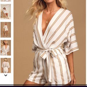 Seaside Tide Taupe and White Striped Surplice Romper (S)